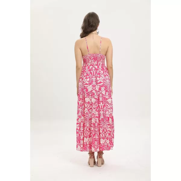 OSTOO Womens Floral Print Maxi Dresses Sleeveless Sleeves Boho Empire Waist DressRose Red