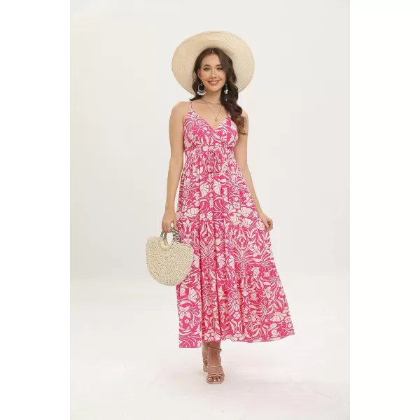 OSTOO Womens Floral Print Maxi Dresses Sleeveless Sleeves Boho Empire Waist DressRose Red