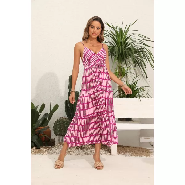 OSTOO Womens Floral Print Maxi Dresses Sleeveless Sleeves Boho Empire Waist DressRose Red Stripe Print