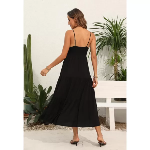 OSTOO Womens Floral Print Maxi Dresses Sleeveless Sleeves Boho Empire Waist DressSloid Black
