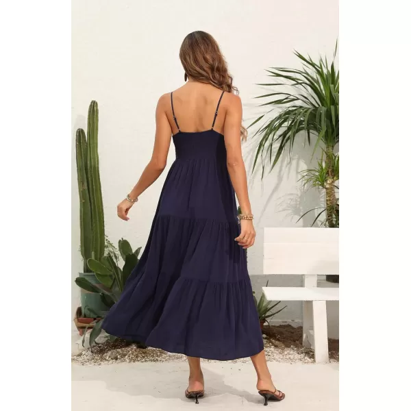 OSTOO Womens Floral Print Maxi Dresses Sleeveless Sleeves Boho Empire Waist DressSolid Navy Blue