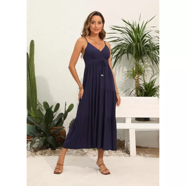 OSTOO Womens Floral Print Maxi Dresses Sleeveless Sleeves Boho Empire Waist DressSolid Navy Blue