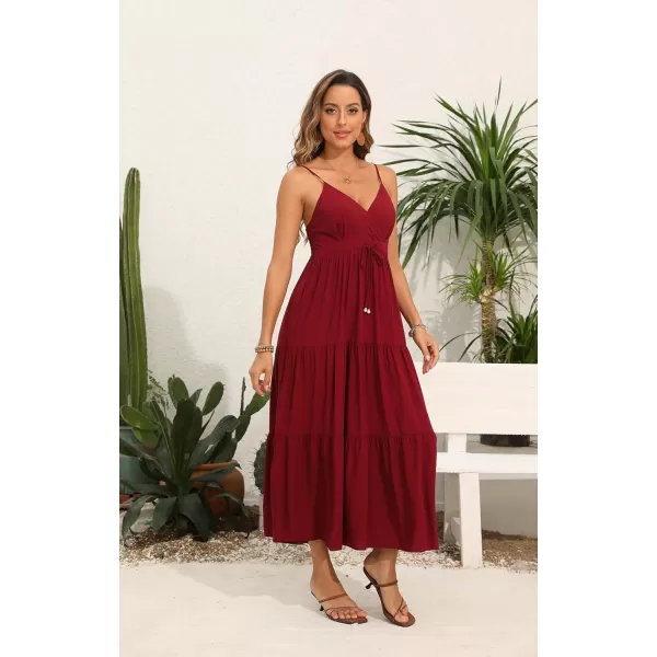 OSTOO Womens Floral Print Maxi Dresses Sleeveless Sleeves Boho Empire Waist DressWine Red