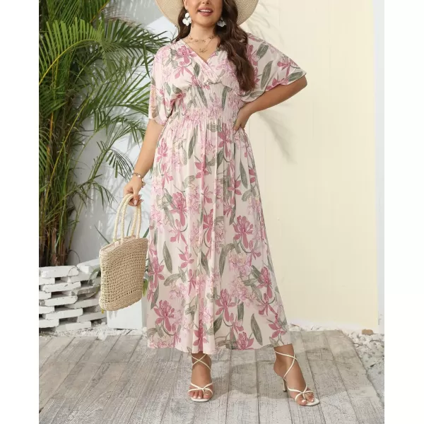 OSTOO Womens Plus Size Hawaii Empire Waist Bat Short Sleeve Casual Floral Print Boho Maxi DressApricot Flowers