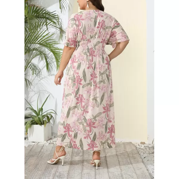 OSTOO Womens Plus Size Hawaii Empire Waist Bat Short Sleeve Casual Floral Print Boho Maxi DressApricot Flowers