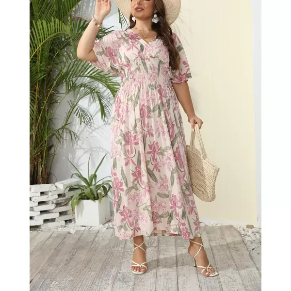 OSTOO Womens Plus Size Hawaii Empire Waist Bat Short Sleeve Casual Floral Print Boho Maxi DressApricot Flowers