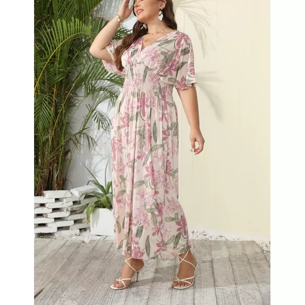 OSTOO Womens Plus Size Hawaii Empire Waist Bat Short Sleeve Casual Floral Print Boho Maxi DressApricot Flowers