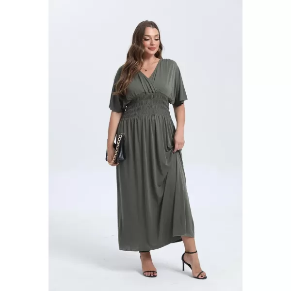 OSTOO Womens Plus Size Hawaii Empire Waist Bat Short Sleeve Casual Floral Print Boho Maxi DressArmy Green