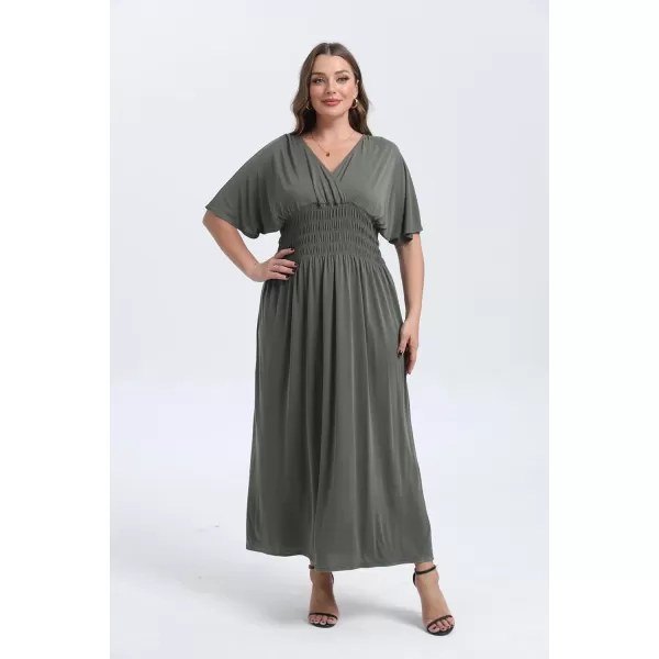OSTOO Womens Plus Size Hawaii Empire Waist Bat Short Sleeve Casual Floral Print Boho Maxi DressArmy Green