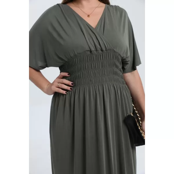 OSTOO Womens Plus Size Hawaii Empire Waist Bat Short Sleeve Casual Floral Print Boho Maxi DressArmy Green
