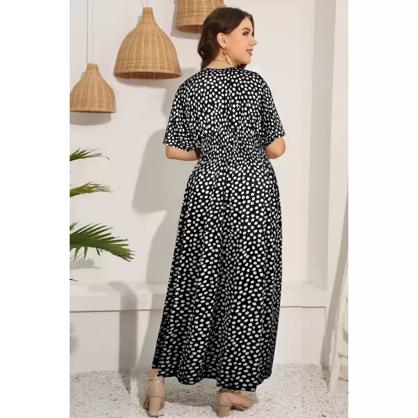 OSTOO Womens Plus Size Hawaii Empire Waist Bat Short Sleeve Casual Floral Print Boho Maxi DressBlack