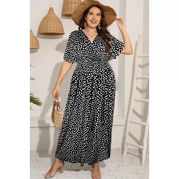 OSTOO Womens Plus Size Hawaii Empire Waist Bat Short Sleeve Casual Floral Print Boho Maxi DressBlack