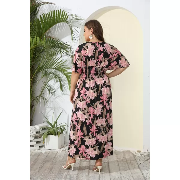 OSTOO Womens Plus Size Hawaii Empire Waist Bat Short Sleeve Casual Floral Print Boho Maxi DressBlack Flowers