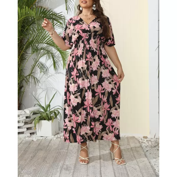 OSTOO Womens Plus Size Hawaii Empire Waist Bat Short Sleeve Casual Floral Print Boho Maxi DressBlack Flowers
