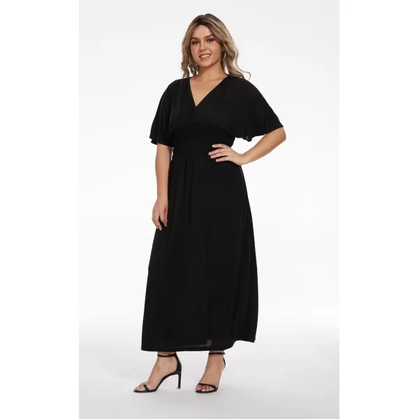 OSTOO Womens Plus Size Hawaii Empire Waist Bat Short Sleeve Casual Floral Print Boho Maxi DressBlack a