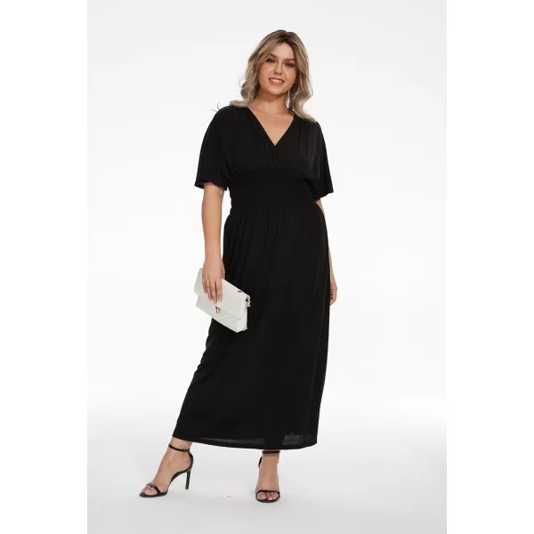 OSTOO Womens Plus Size Hawaii Empire Waist Bat Short Sleeve Casual Floral Print Boho Maxi DressBlack a