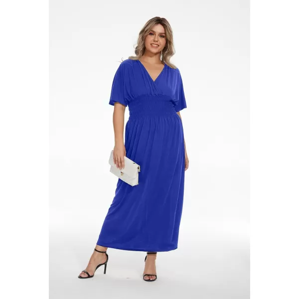 OSTOO Womens Plus Size Hawaii Empire Waist Bat Short Sleeve Casual Floral Print Boho Maxi DressBlue