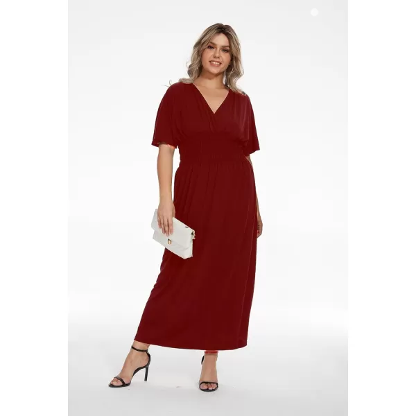 OSTOO Womens Plus Size Hawaii Empire Waist Bat Short Sleeve Casual Floral Print Boho Maxi DressBurgundy