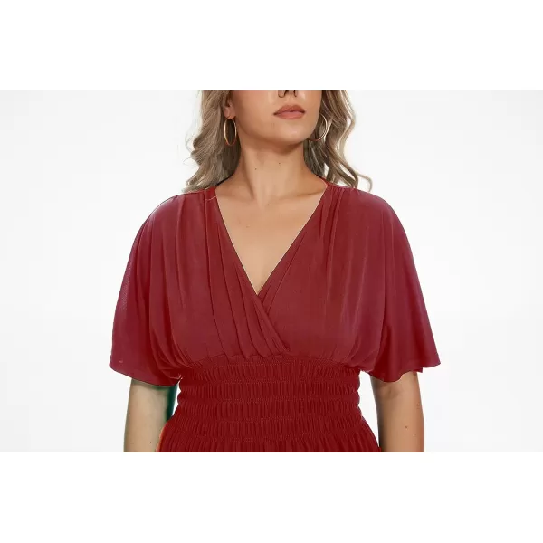OSTOO Womens Plus Size Hawaii Empire Waist Bat Short Sleeve Casual Floral Print Boho Maxi DressBurgundy