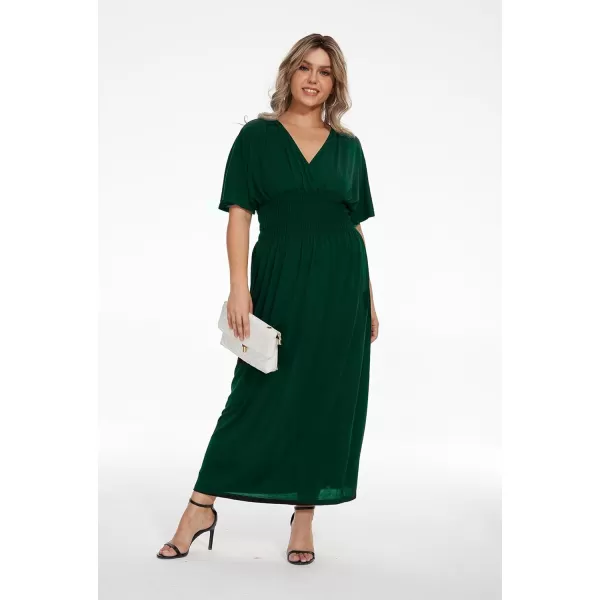 OSTOO Womens Plus Size Hawaii Empire Waist Bat Short Sleeve Casual Floral Print Boho Maxi DressDark Green