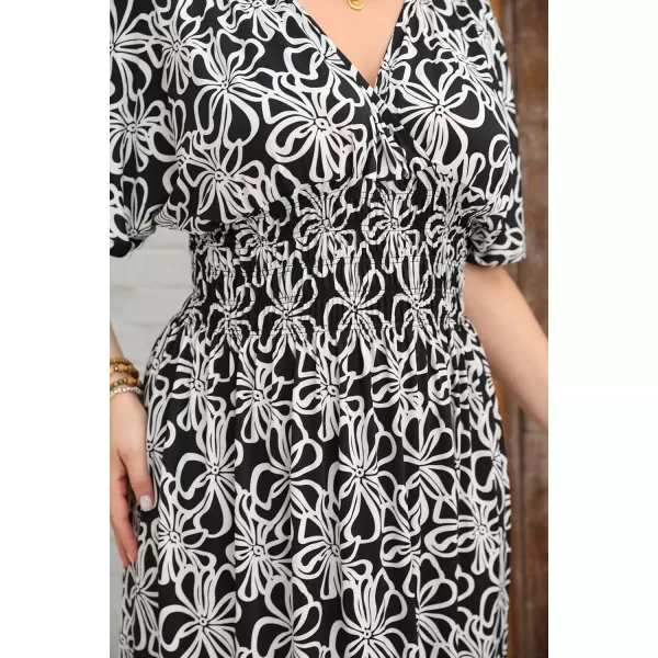 OSTOO Womens Plus Size Hawaii Empire Waist Bat Short Sleeve Casual Floral Print Boho Maxi DressFloral White Black