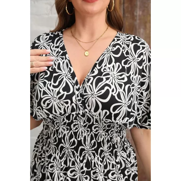 OSTOO Womens Plus Size Hawaii Empire Waist Bat Short Sleeve Casual Floral Print Boho Maxi DressFloral White Black