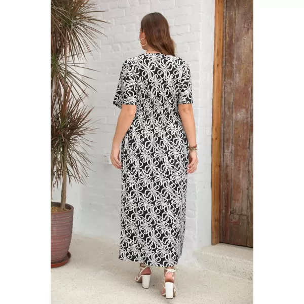 OSTOO Womens Plus Size Hawaii Empire Waist Bat Short Sleeve Casual Floral Print Boho Maxi DressFloral White Black
