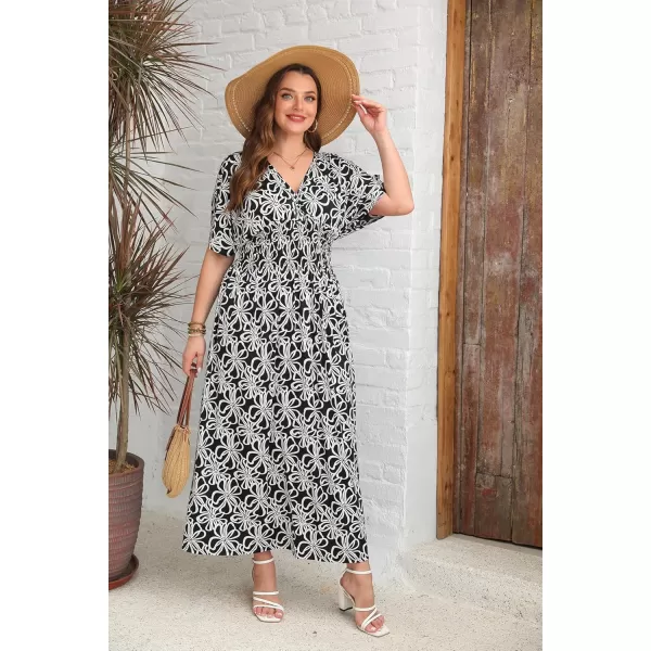 OSTOO Womens Plus Size Hawaii Empire Waist Bat Short Sleeve Casual Floral Print Boho Maxi DressFloral White Black