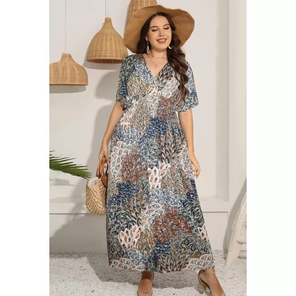 OSTOO Womens Plus Size Hawaii Empire Waist Bat Short Sleeve Casual Floral Print Boho Maxi DressFlower 1