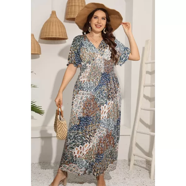 OSTOO Womens Plus Size Hawaii Empire Waist Bat Short Sleeve Casual Floral Print Boho Maxi DressFlower 1