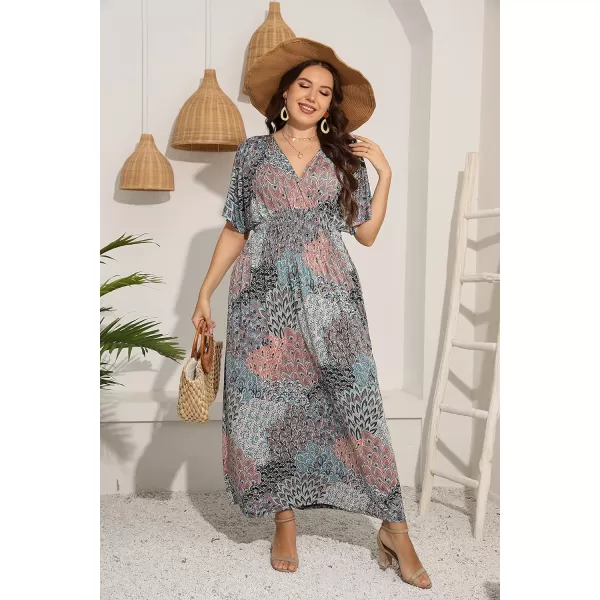 OSTOO Womens Plus Size Hawaii Empire Waist Bat Short Sleeve Casual Floral Print Boho Maxi DressFlower 3