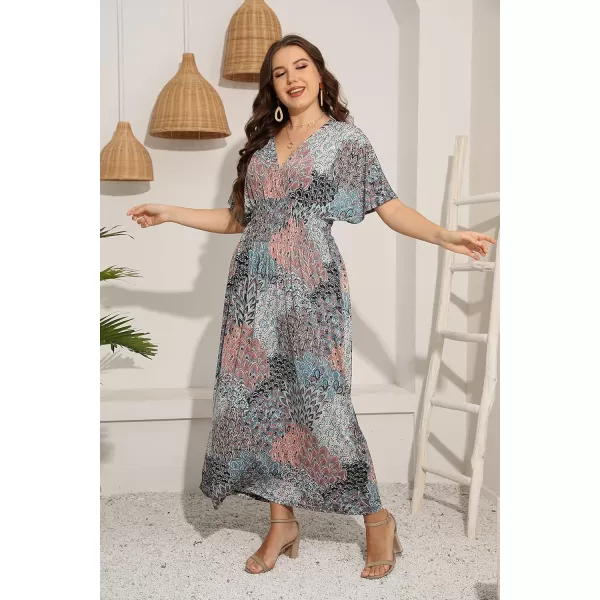 OSTOO Womens Plus Size Hawaii Empire Waist Bat Short Sleeve Casual Floral Print Boho Maxi DressFlower 3