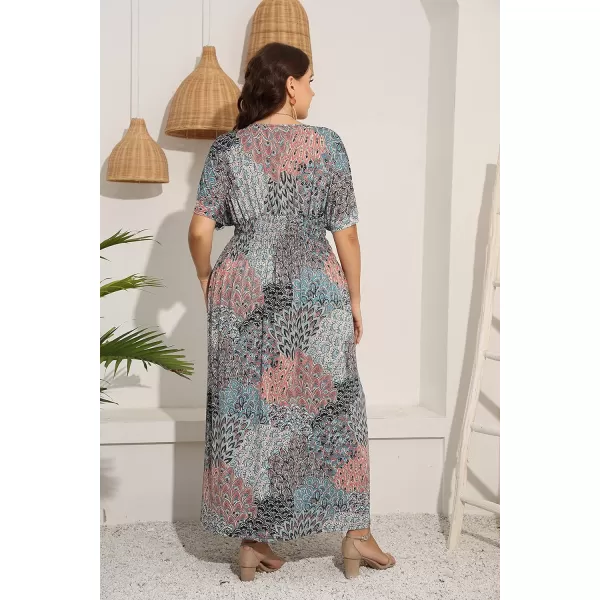 OSTOO Womens Plus Size Hawaii Empire Waist Bat Short Sleeve Casual Floral Print Boho Maxi DressFlower 3