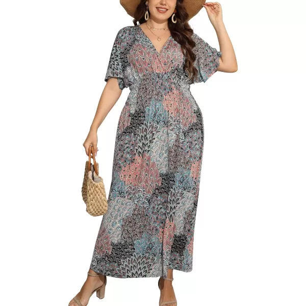 OSTOO Womens Plus Size Hawaii Empire Waist Bat Short Sleeve Casual Floral Print Boho Maxi DressFlower 3
