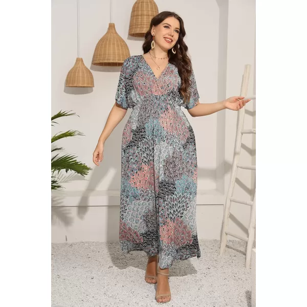 OSTOO Womens Plus Size Hawaii Empire Waist Bat Short Sleeve Casual Floral Print Boho Maxi DressFlower 3
