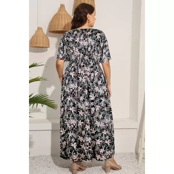 OSTOO Womens Plus Size Hawaii Empire Waist Bat Short Sleeve Casual Floral Print Boho Maxi DressFlowers2