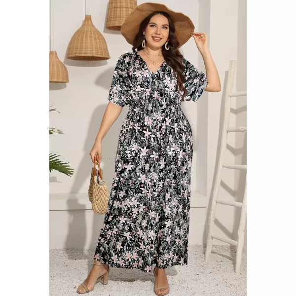 OSTOO Womens Plus Size Hawaii Empire Waist Bat Short Sleeve Casual Floral Print Boho Maxi DressFlowers2