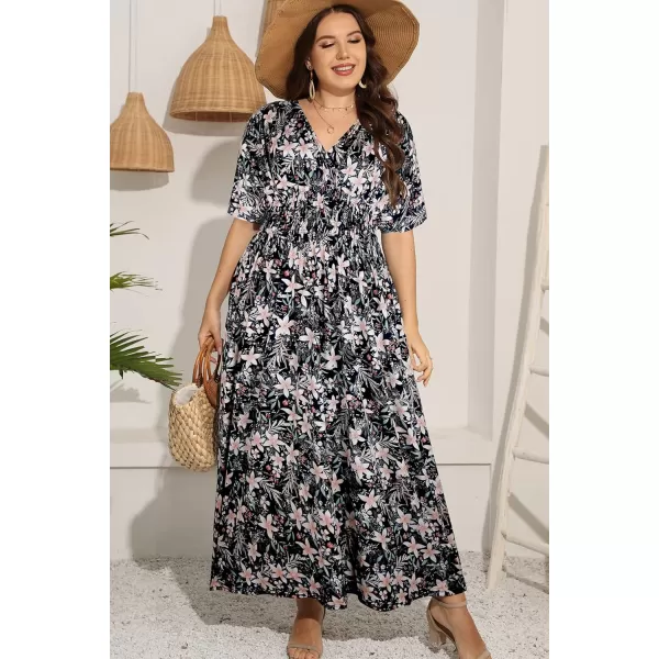 OSTOO Womens Plus Size Hawaii Empire Waist Bat Short Sleeve Casual Floral Print Boho Maxi DressFlowers2