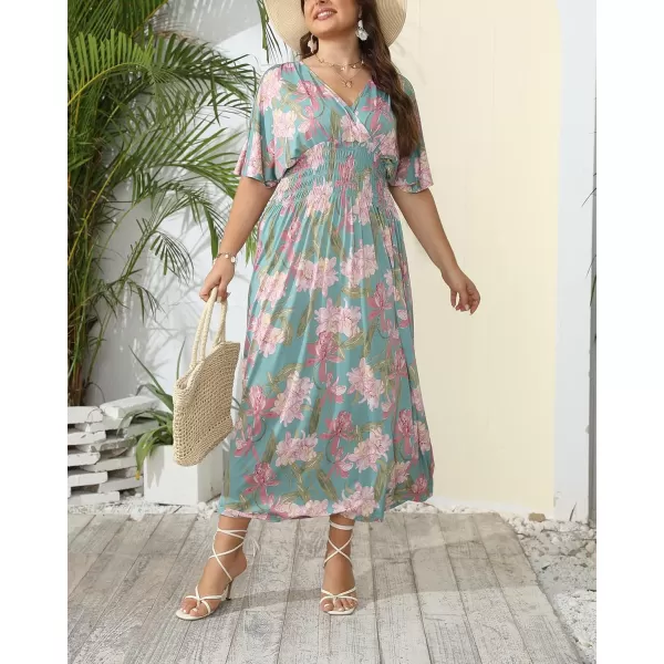OSTOO Womens Plus Size Hawaii Empire Waist Bat Short Sleeve Casual Floral Print Boho Maxi DressGreen Flowers