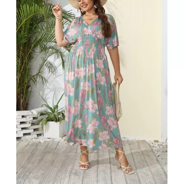 OSTOO Womens Plus Size Hawaii Empire Waist Bat Short Sleeve Casual Floral Print Boho Maxi DressGreen Flowers