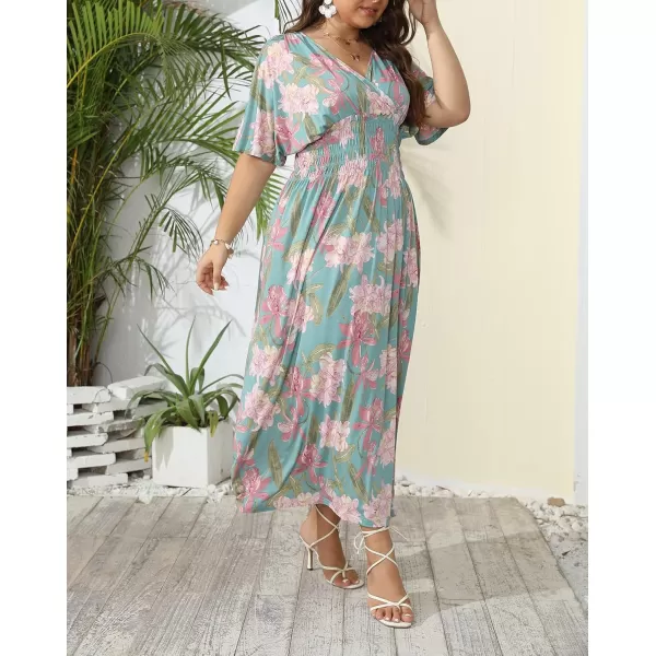 OSTOO Womens Plus Size Hawaii Empire Waist Bat Short Sleeve Casual Floral Print Boho Maxi DressGreen Flowers