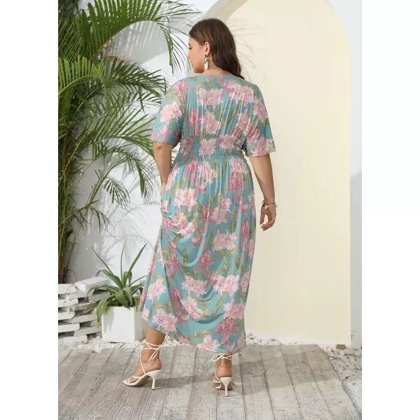 OSTOO Womens Plus Size Hawaii Empire Waist Bat Short Sleeve Casual Floral Print Boho Maxi DressGreen Flowers