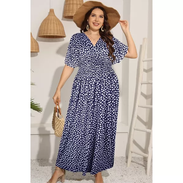 OSTOO Womens Plus Size Hawaii Empire Waist Bat Short Sleeve Casual Floral Print Boho Maxi DressNavy