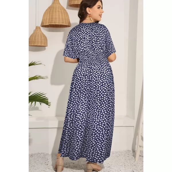 OSTOO Womens Plus Size Hawaii Empire Waist Bat Short Sleeve Casual Floral Print Boho Maxi DressNavy
