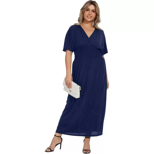 OSTOO Womens Plus Size Hawaii Empire Waist Bat Short Sleeve Casual Floral Print Boho Maxi DressNavy a