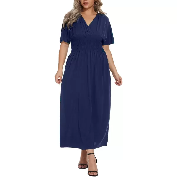 OSTOO Womens Plus Size Hawaii Empire Waist Bat Short Sleeve Casual Floral Print Boho Maxi DressNavy a
