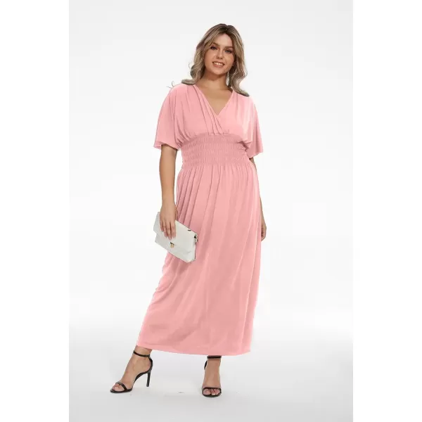 OSTOO Womens Plus Size Hawaii Empire Waist Bat Short Sleeve Casual Floral Print Boho Maxi DressPink