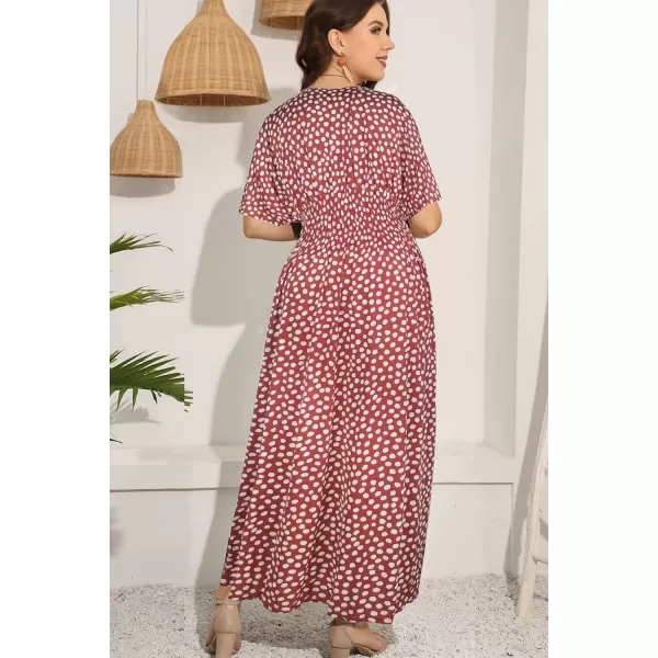 OSTOO Womens Plus Size Hawaii Empire Waist Bat Short Sleeve Casual Floral Print Boho Maxi DressRed