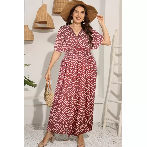 OSTOO Womens Plus Size Hawaii Empire Waist Bat Short Sleeve Casual Floral Print Boho Maxi DressRed