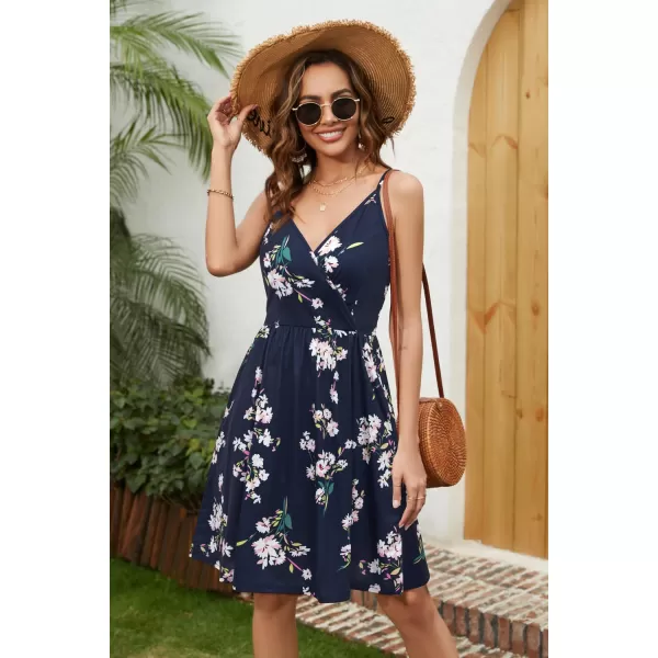 STYLEWORD Womens 2024 V Neck FloralSolid Spaghetti Strap Summer Casual Swing Sundress with PocketA1floral01